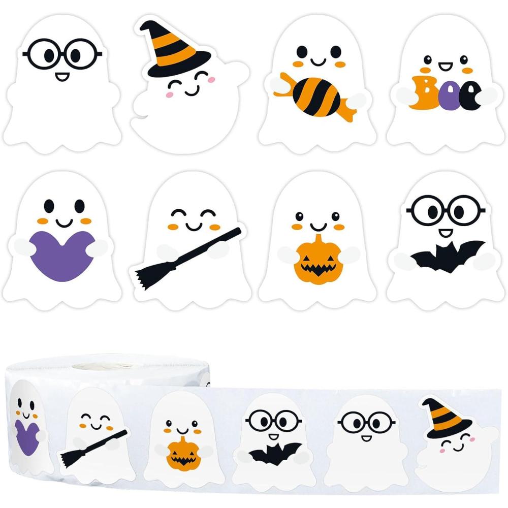 imageWhaline 1000Pcs Halloween Ghost Stickers Roll SelfAdhesive Cute Ghost Stickers Roll for Kid Halloween Party Envelope Scrapbook Card Gifts Candy Bags Decorations Supplies 8 Design