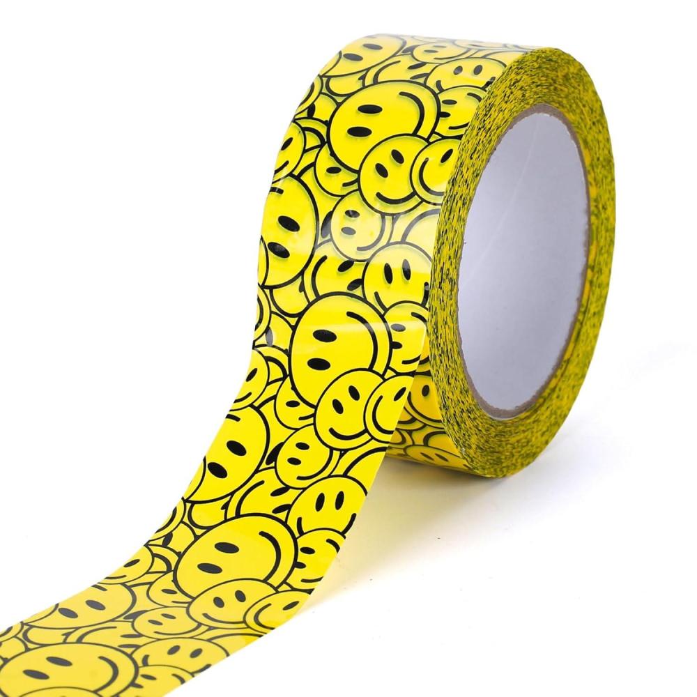 imageWhaline 109 Yard Halloween Packaging Tape Black Spider Web Bat Spider Pattern Tape Waterproof Shipping Tape for Small Business DIY Crafts Box Carton DecorSmile face