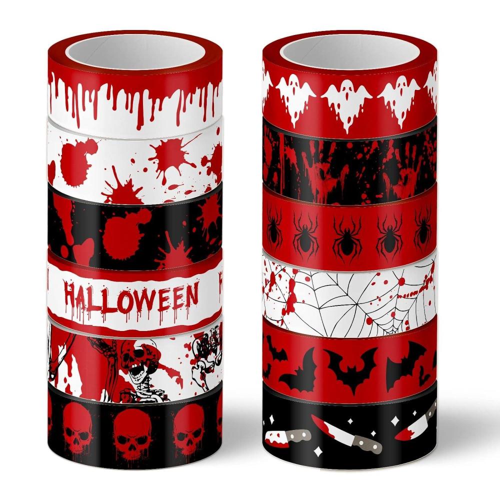 imageWhaline 12 Rolls Halloween Bloody Washi Tapes Blood Spatter Spooky Bloodstain Skull Ghost Masking Tapes 15mm Scary Bloody Washi Tape Set for Scrapbook Journal DIY Craft Gift Wrapping 164FtHalloween