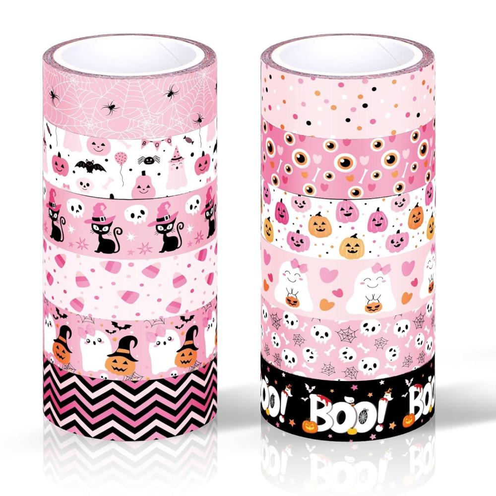 imageWhaline 12 Rolls Halloween Washi Tapes Black White Ghost Bat Spider Web Pumpkin Washi Masking Tape 15mm Wide Decorative Halloween Tape Stickers for Scrapbook Gift Wrapping DIY Art Crafts 164FtPink 2