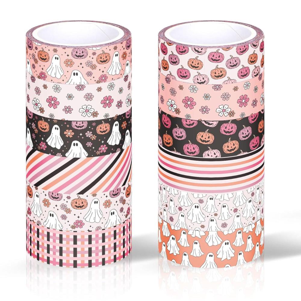 imageWhaline 12 Rolls Halloween Washi Tapes Black White Ghost Bat Spider Web Pumpkin Washi Masking Tape 15mm Wide Decorative Halloween Tape Stickers for Scrapbook Gift Wrapping DIY Art Crafts 164FtPink 1