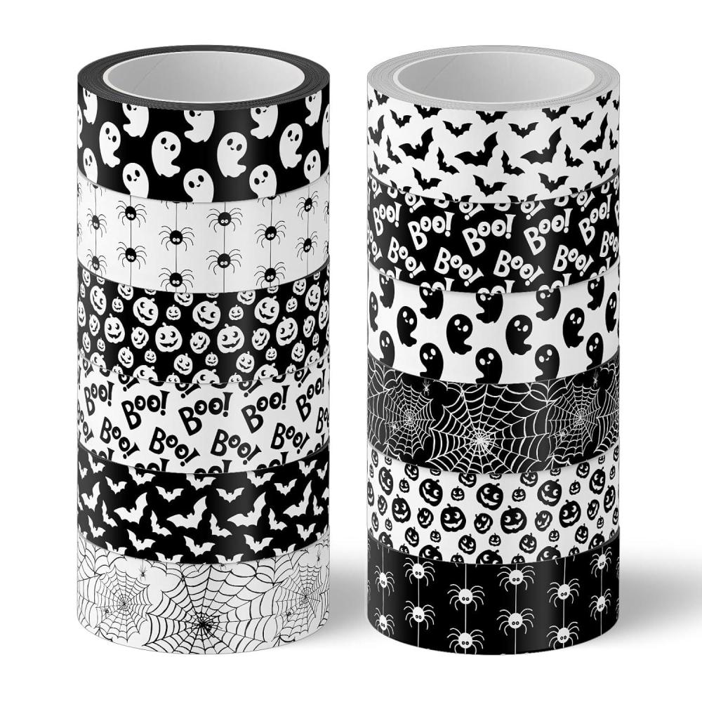 imageWhaline 12 Rolls Halloween Washi Tapes Black White Ghost Bat Spider Web Pumpkin Washi Masking Tape 15mm Wide Decorative Halloween Tape Stickers for Scrapbook Gift Wrapping DIY Art Crafts 164FtBlack