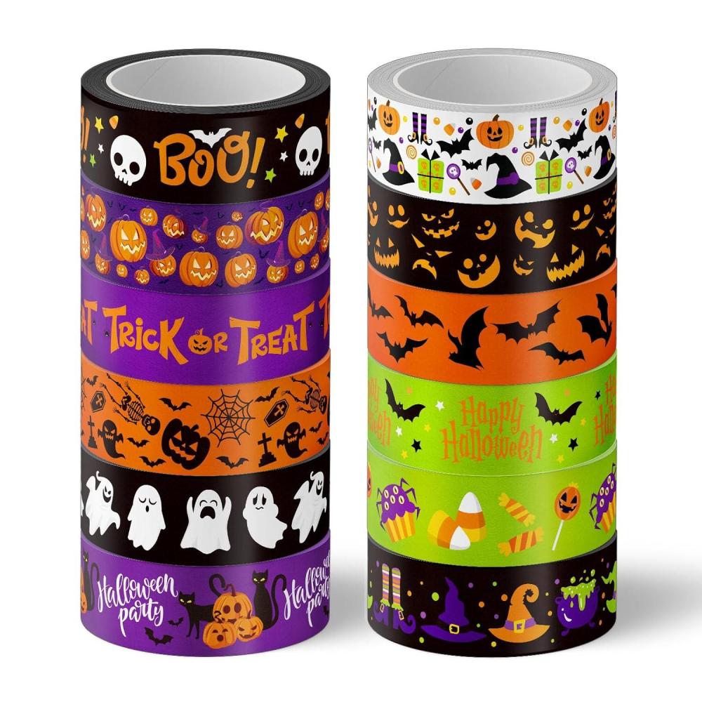 imageWhaline 12 Rolls Halloween Washi Tapes Black White Ghost Bat Spider Web Pumpkin Washi Masking Tape 15mm Wide Decorative Halloween Tape Stickers for Scrapbook Gift Wrapping DIY Art Crafts 164FtPurple