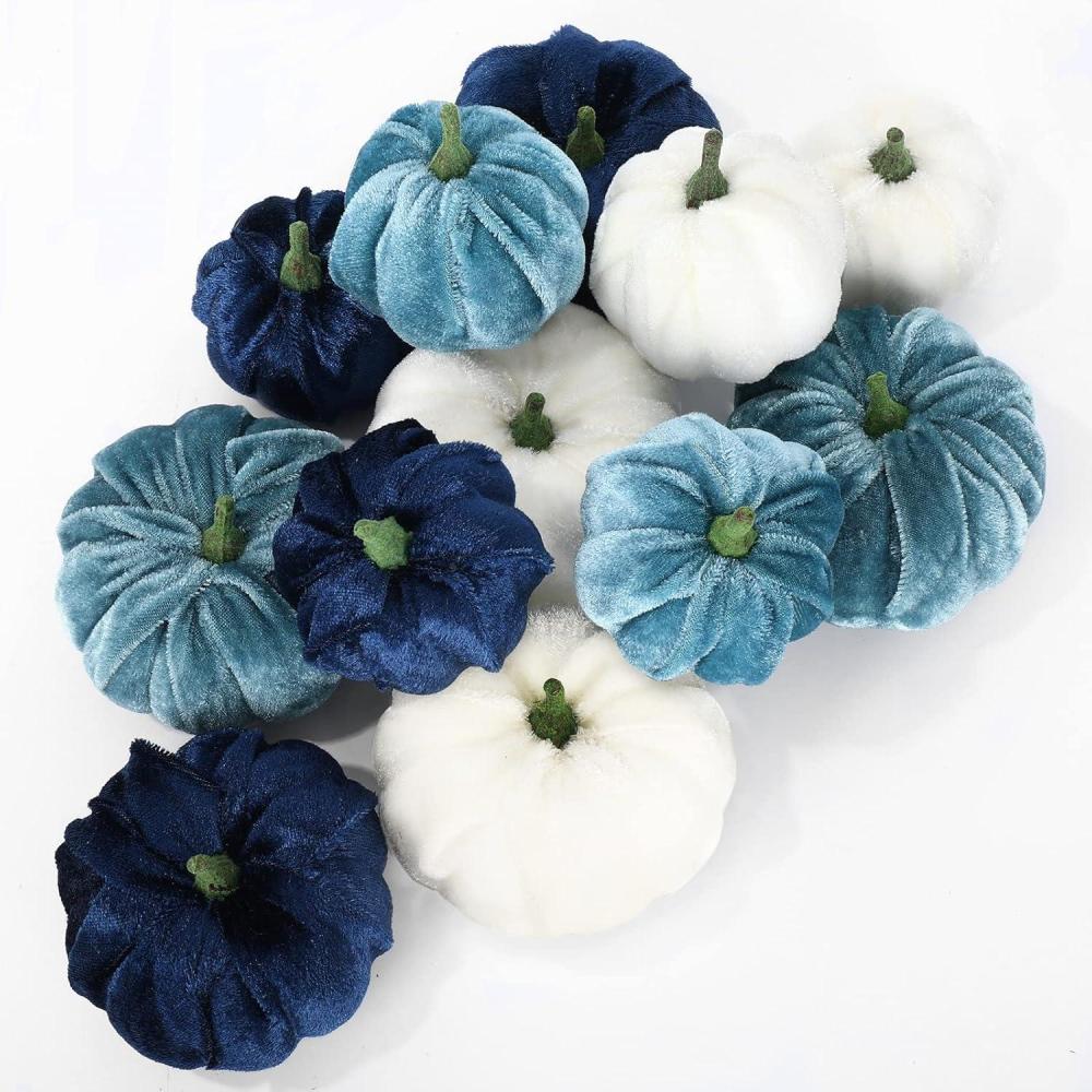 imageWhaline 12Pcs Fall Thanksgiving Velvet Pumpkin Blue White Artificial Pumpkins 2 Sizes Fake Fabric Pumpkin Autumn Harvest Table Centerpiece for Thanksgiving Halloween Party Mantel Farmhouse DecorBlue White