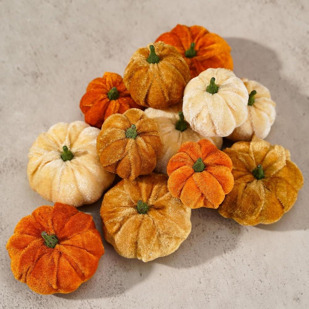 imageWhaline 12Pcs Fall Thanksgiving Velvet Pumpkin Blue White Artificial Pumpkins 2 Sizes Fake Fabric Pumpkin Autumn Harvest Table Centerpiece for Thanksgiving Halloween Party Mantel Farmhouse DecorGradient Orange