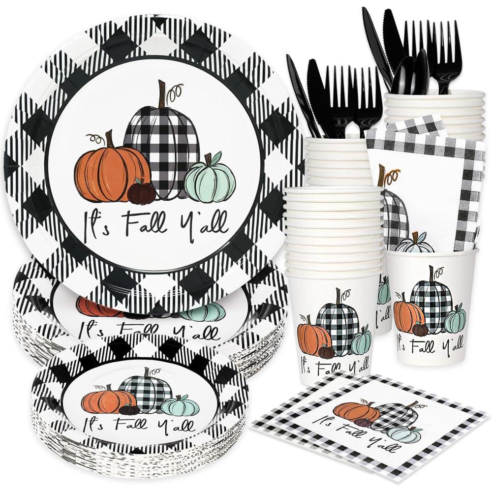 imageWhaline 175Pcs Fall Thanksgiving Tableware Set Buffalo Plaids Pumpkin Disposable Dinnerware Set 50Pcs Paper Plates 25Pcs Napkins Paper Cup Fork Knife Spoon for Autumn Thanksgiving Table Supplies