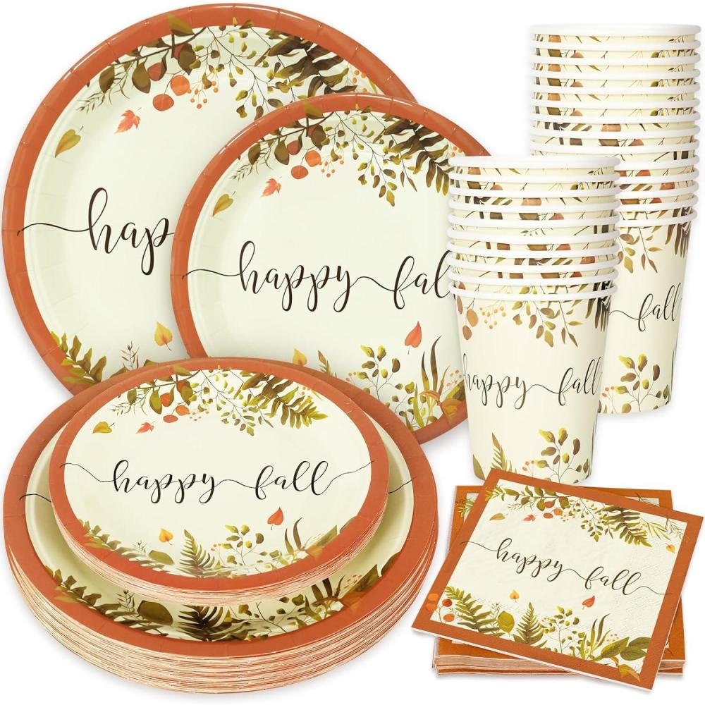 imageWhaline 24 Sets Fall Thanksgiving Paper Plates Cups and Napkins Party Decorations Rustic Autumn Leaves Disposable Paper Plates Happy Fall Paper Cups and Napkins for Holiday Wedding Birthday Party