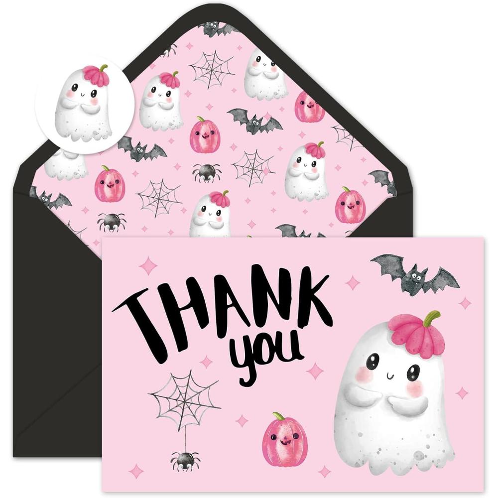 imageWhaline 24Pcs A Little Boo Thank You Cards with Envelopes and Stickers Cute Ghost Pumpkin Bat Greeting Cards Halloween Baby Shower Blank Note Cards for Party SuppliesPink
