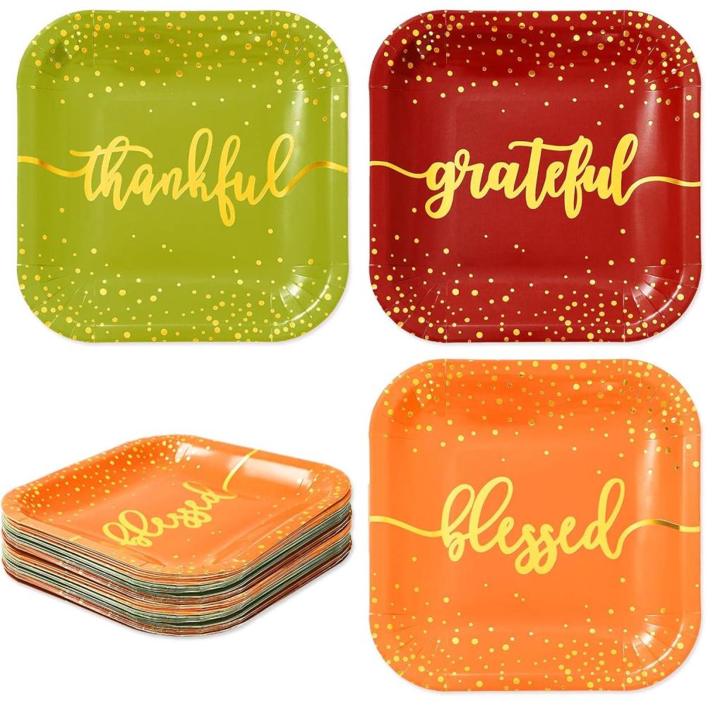 imageWhaline 30Pcs Fall Thanksgiving Paper Plates Gold Foil Disposable Plates Autumn Red Green Orange Square Dinner Plates for Thanksgiving Party Tableware Supplies 9 InchFall