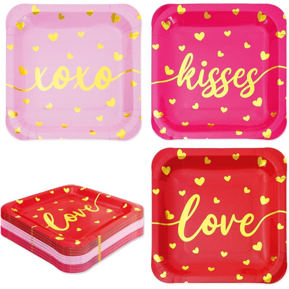 imageWhaline 30Pcs Fall Thanksgiving Paper Plates Gold Foil Disposable Plates Autumn Red Green Orange Square Dinner Plates for Thanksgiving Party Tableware Supplies 9 InchValentines Day