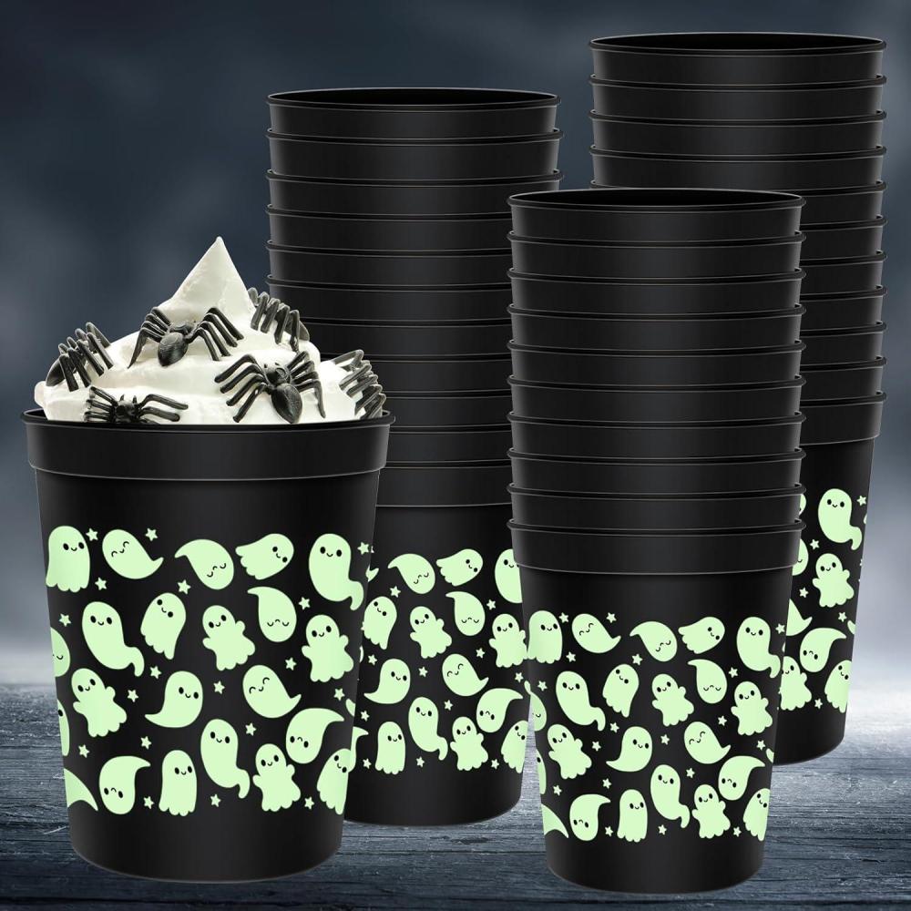 imageWhaline 30Pcs Halloween Ghost Green Black Cups 16oz Glow in the Dark Disposable Plastic Cup Cute Ghost Black Glowing Cups for Juice Soda Cocktail Drinking Party Supplies