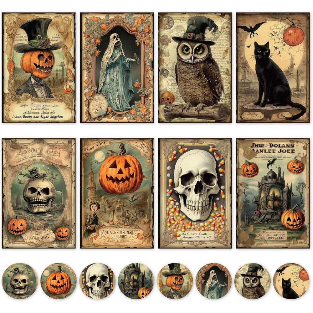 imageWhaline 32 Pack Halloween Greeting Cards with Stickers Envelopes Vintage Pumpkin Black Cat Skull Blank Note Cards for Trick or Treat Invitation 4 x 6 Inch