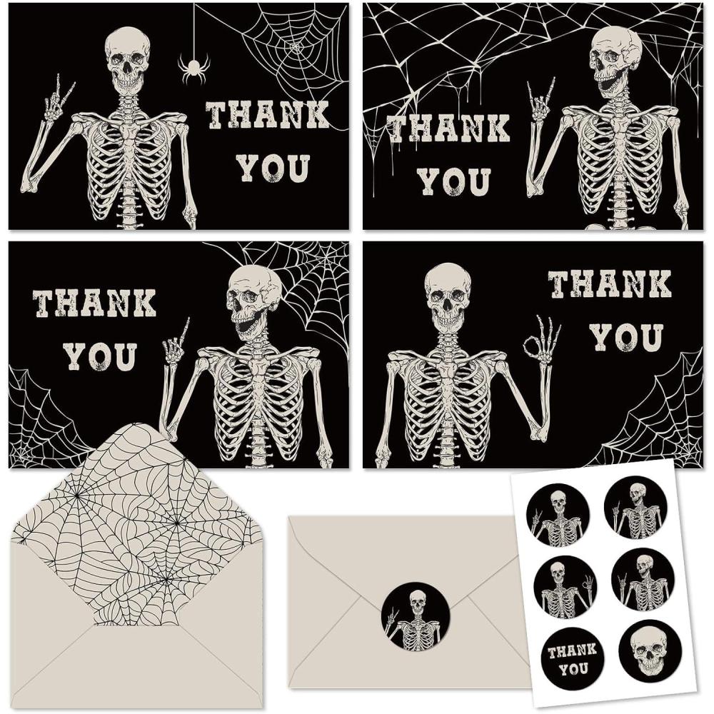 imageWhaline 32 Pack Halloween Thank You Cards Black Smiling Skeleton Greeting Cards Blank Note Cards with Envelope ampamp Stickers for Holiday Birthday Party 4 x 6 Inch