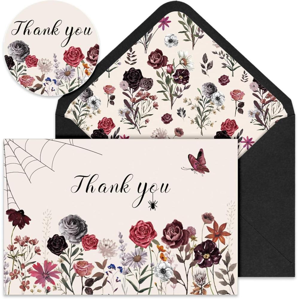 imageWhaline 36 Packs Halloween Floral Thank You Cards Watercolor Flower Greeting Cards with Envelopes and Stickers Blank Note Cards for Wedding Birthday Party Supplies