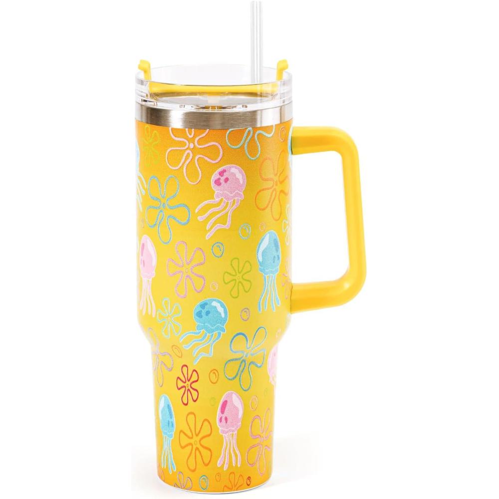 imageWhaline 40oz Halloween Skull Tumbler with Straw and Lid Spooky Skull Flower Travel Coffee Tumbler Cup with Handle for Trick or Treat Birthday Party GiftsCartoon Sponge