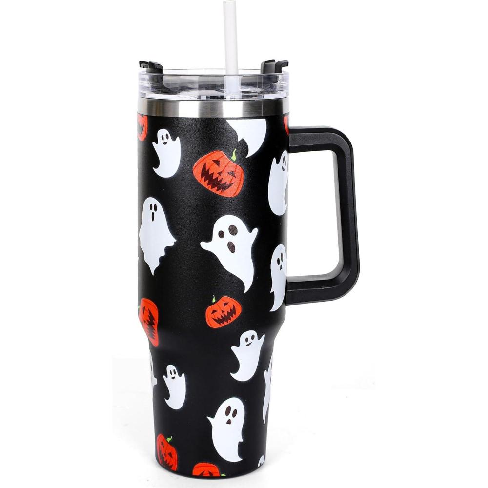 imageWhaline 40oz Halloween Skull Tumbler with Straw and Lid Spooky Skull Flower Travel Coffee Tumbler Cup with Handle for Trick or Treat Birthday Party GiftsGhost