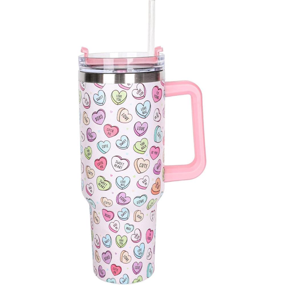 imageWhaline 40oz Halloween Skull Tumbler with Straw and Lid Spooky Skull Flower Travel Coffee Tumbler Cup with Handle for Trick or Treat Birthday Party Giftslove heart