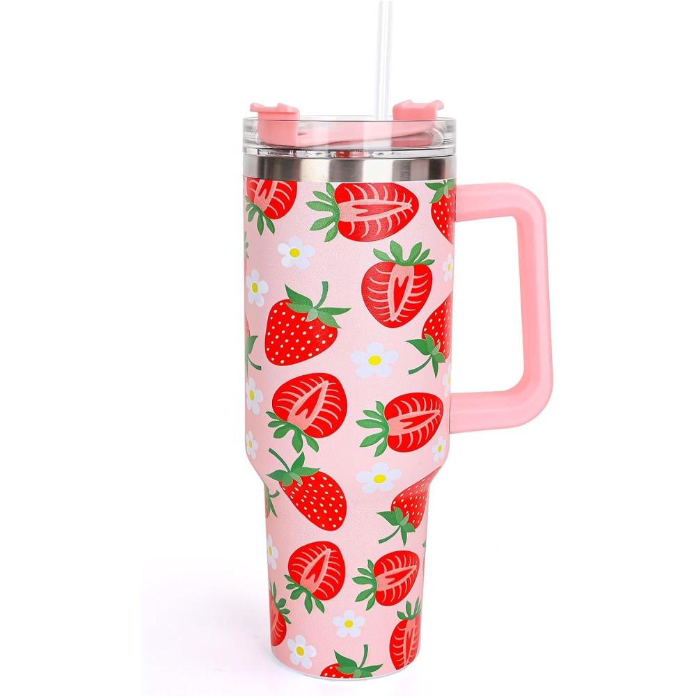 imageWhaline 40oz Halloween Skull Tumbler with Straw and Lid Spooky Skull Flower Travel Coffee Tumbler Cup with Handle for Trick or Treat Birthday Party Giftsstrawberry