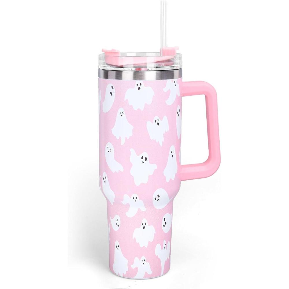 imageWhaline 40oz Halloween Skull Tumbler with Straw and Lid Spooky Skull Flower Travel Coffee Tumbler Cup with Handle for Trick or Treat Birthday Party Giftspink ghost