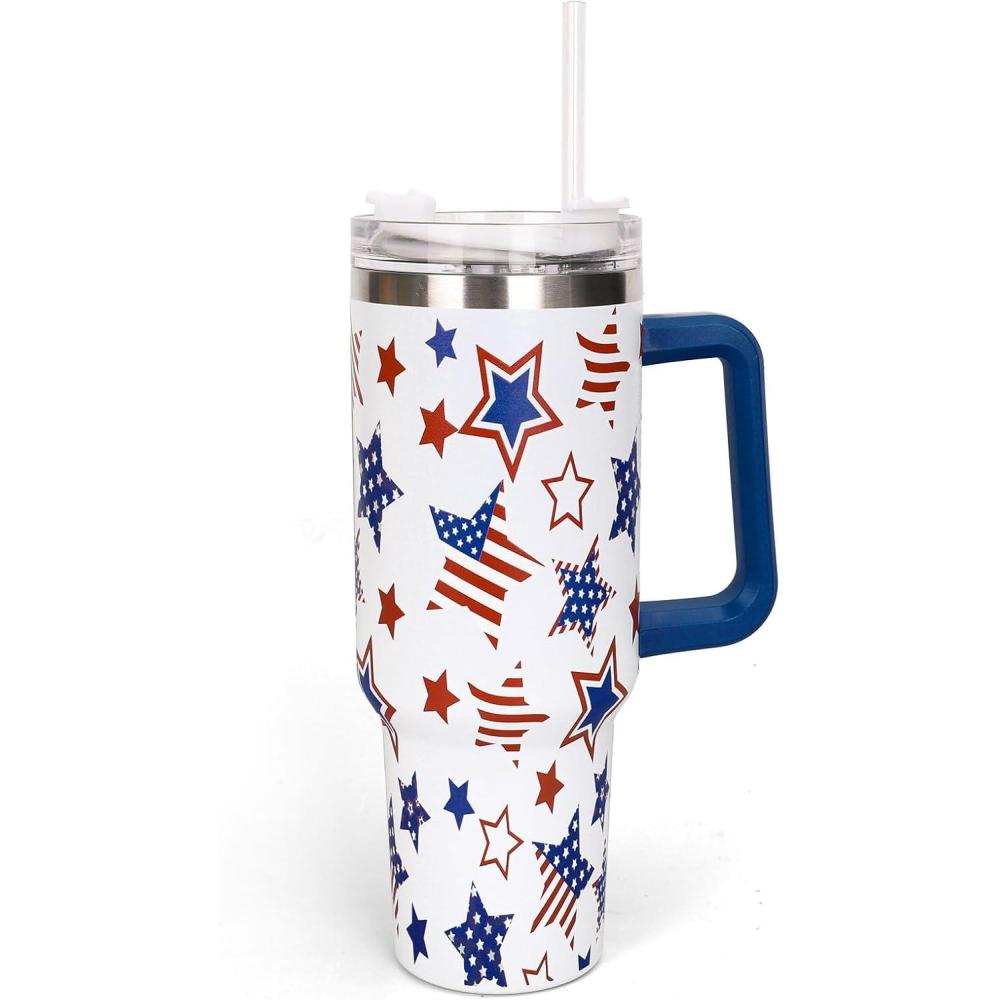 imageWhaline 40oz Halloween Skull Tumbler with Straw and Lid Spooky Skull Flower Travel Coffee Tumbler Cup with Handle for Trick or Treat Birthday Party GiftsIndependence Day Star