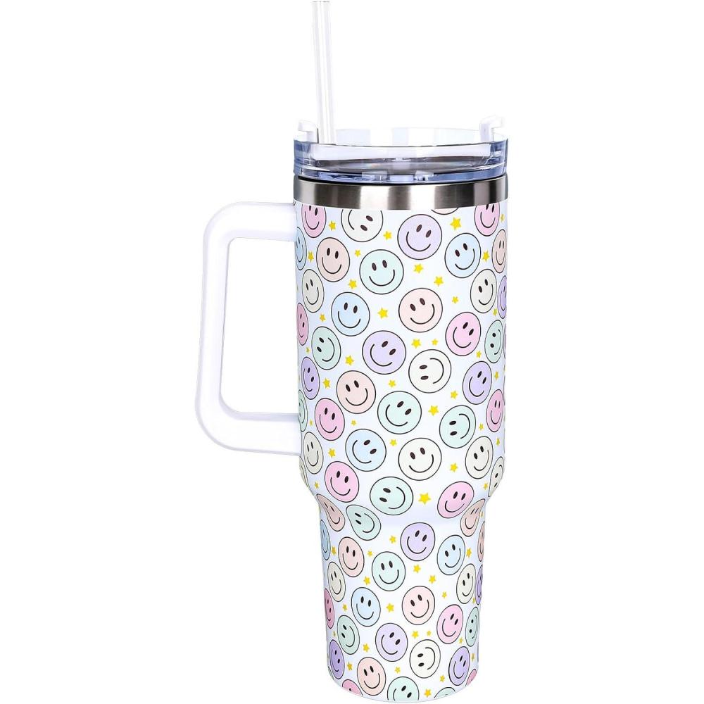 imageWhaline 40oz Halloween Skull Tumbler with Straw and Lid Spooky Skull Flower Travel Coffee Tumbler Cup with Handle for Trick or Treat Birthday Party Giftshappy face