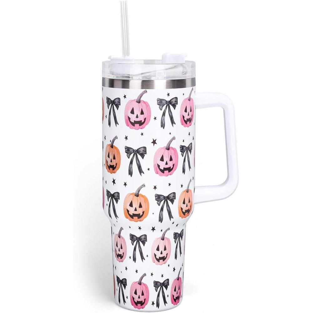 imageWhaline 40oz Halloween Skull Tumbler with Straw and Lid Spooky Skull Flower Travel Coffee Tumbler Cup with Handle for Trick or Treat Birthday Party Giftspumpkin bow