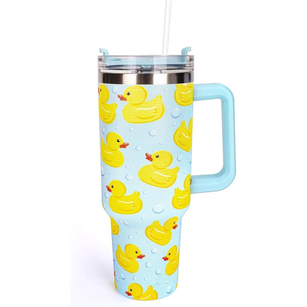 imageWhaline 40oz Halloween Skull Tumbler with Straw and Lid Spooky Skull Flower Travel Coffee Tumbler Cup with Handle for Trick or Treat Birthday Party Giftsyellow duck