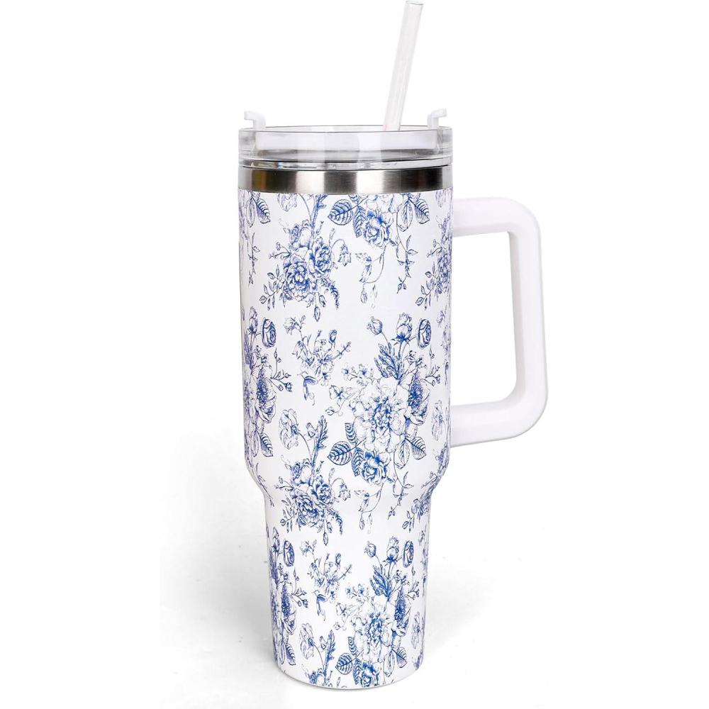 imageWhaline 40oz Halloween Skull Tumbler with Straw and Lid Spooky Skull Flower Travel Coffee Tumbler Cup with Handle for Trick or Treat Birthday Party Giftsblue flower