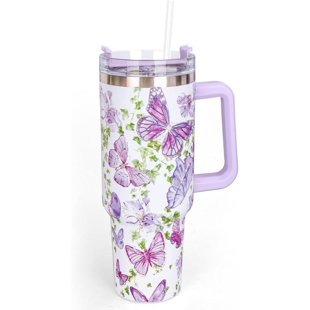 imageWhaline 40oz Halloween Skull Tumbler with Straw and Lid Spooky Skull Flower Travel Coffee Tumbler Cup with Handle for Trick or Treat Birthday Party Giftspurple butterfly