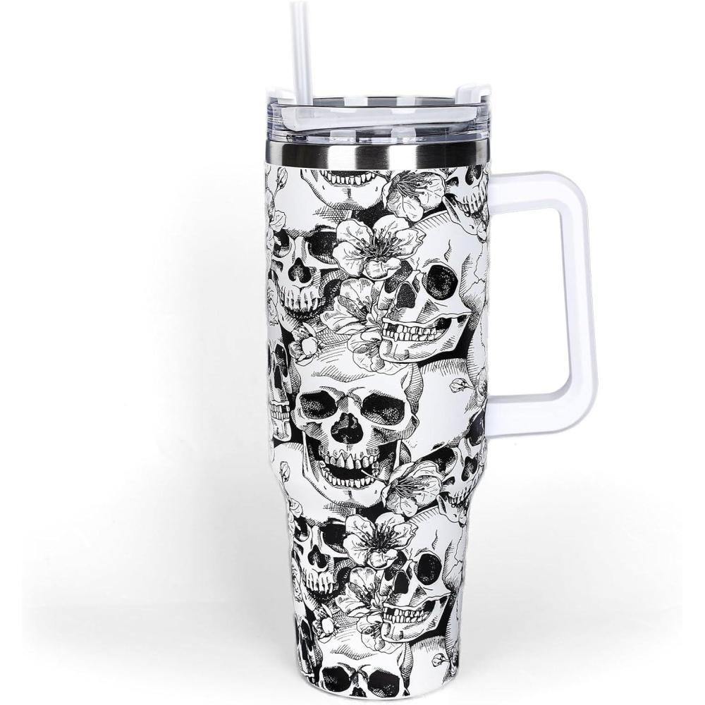 imageWhaline 40oz Halloween Skull Tumbler with Straw and Lid Spooky Skull Flower Travel Coffee Tumbler Cup with Handle for Trick or Treat Birthday Party GiftsSkeleton