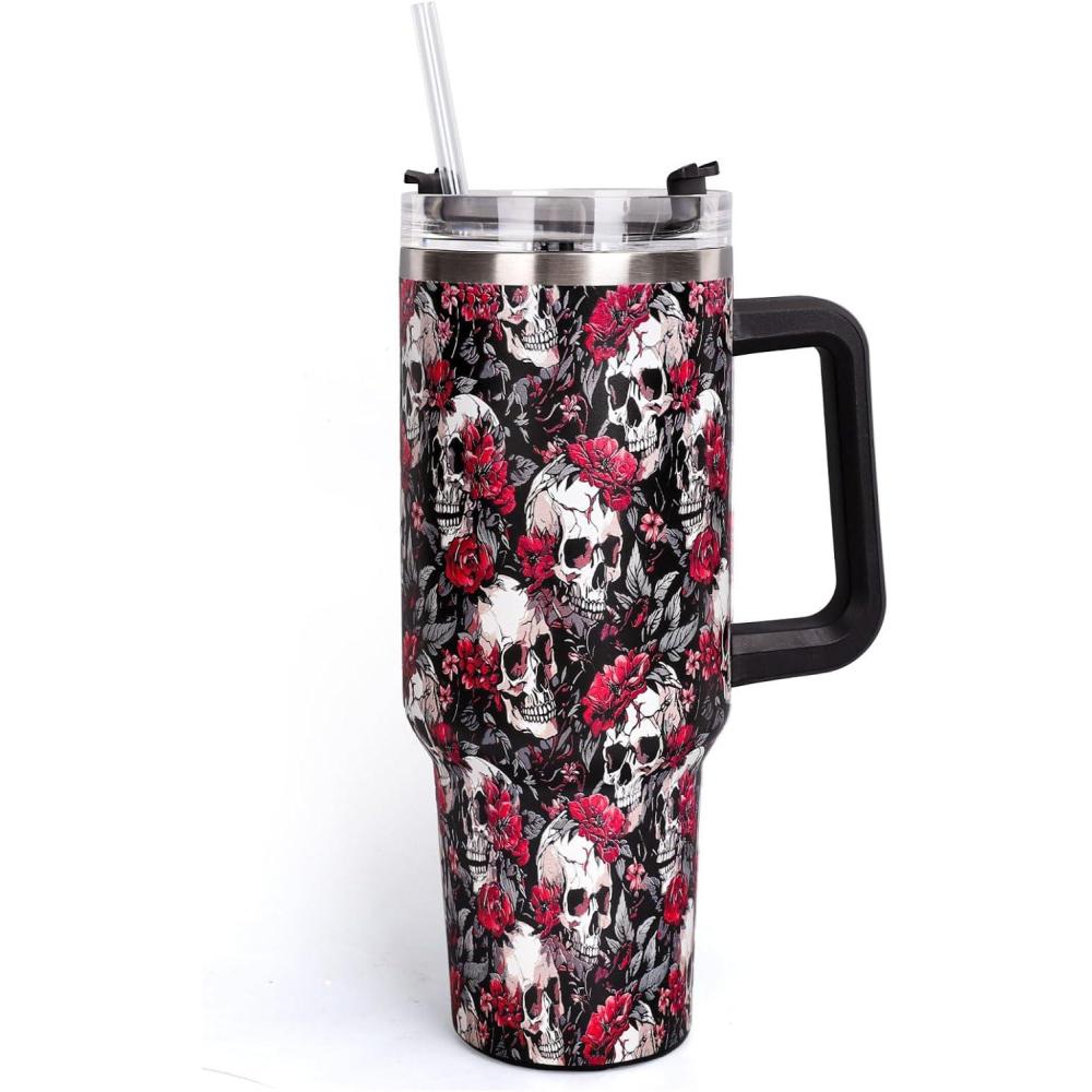 imageWhaline 40oz Halloween Skull Tumbler with Straw and Lid Spooky Skull Flower Travel Coffee Tumbler Cup with Handle for Trick or Treat Birthday Party Giftsfloral skeleton