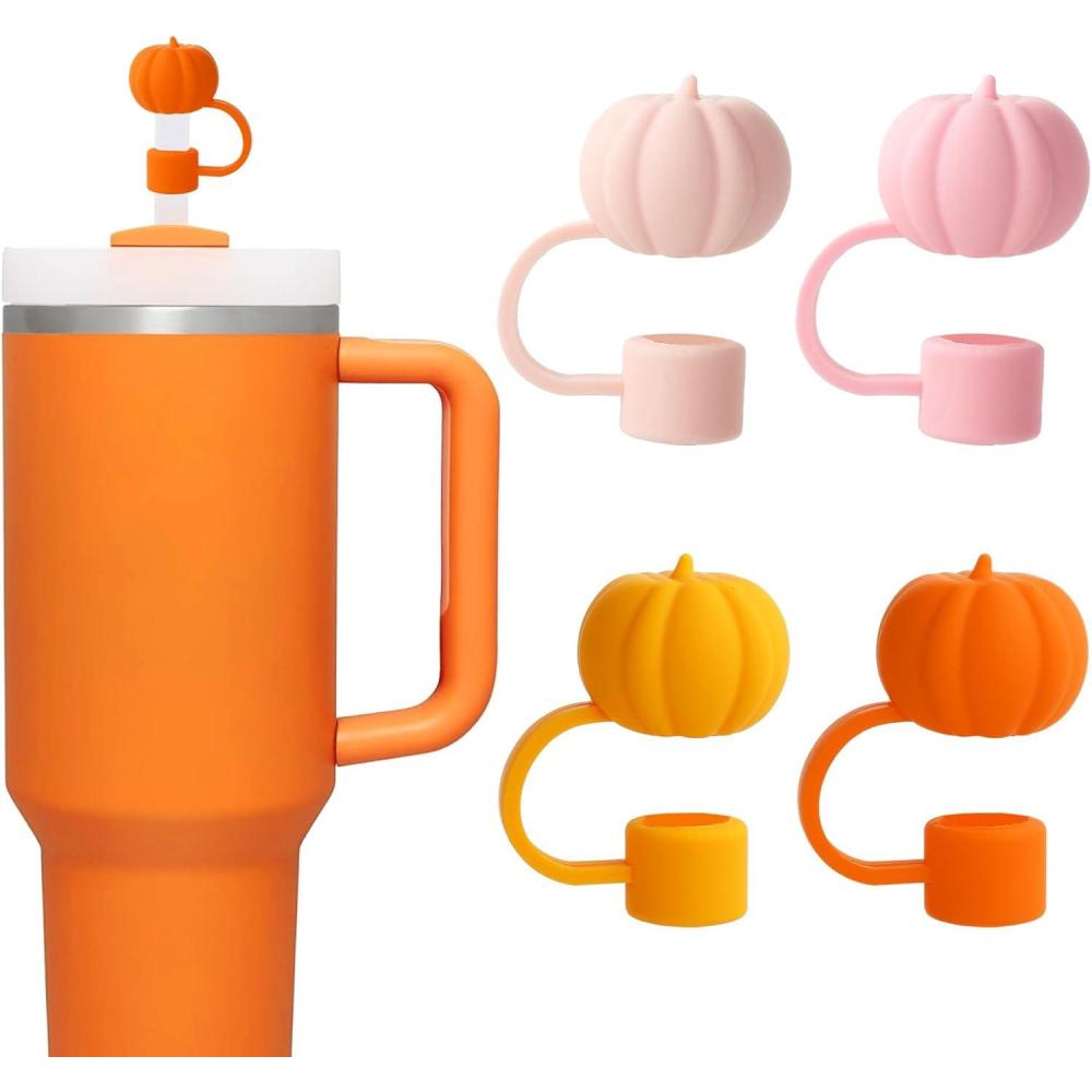 imageWhaline 4Pcs Fall Straw Cover Cap Pink Yellow Green Blue Pumpkin Reusable Silicone Straw Topper Autumn Thanksgiving 10 mm04 Inch Straws Lid Protector for 3040 Oz Tumbler CupOrange Pink