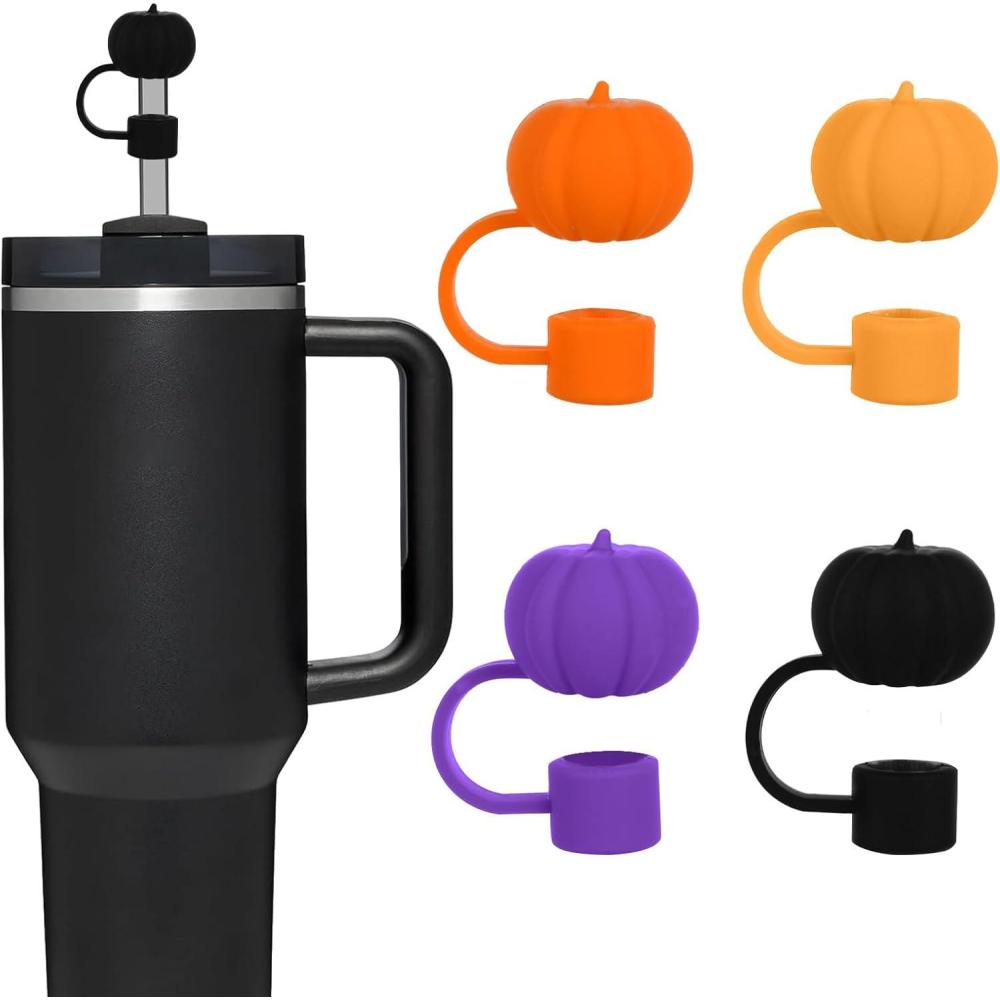 imageWhaline 4Pcs Fall Straw Cover Cap Pink Yellow Green Blue Pumpkin Reusable Silicone Straw Topper Autumn Thanksgiving 10 mm04 Inch Straws Lid Protector for 3040 Oz Tumbler CupOrange Yellow Purple Black