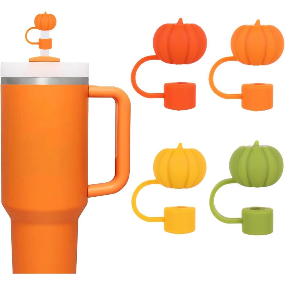 imageWhaline 4Pcs Fall Straw Cover Cap Pink Yellow Green Blue Pumpkin Reusable Silicone Straw Topper Autumn Thanksgiving 10 mm04 Inch Straws Lid Protector for 3040 Oz Tumbler CupOrange Green Yellow