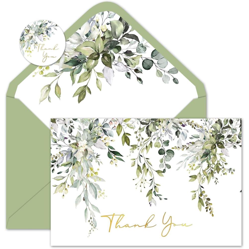 imageWhaline 50 Pack Boho Floral Thank You Cards Boxed Retro Flower Note Cards with Envelopes Stickers Fall Blank Card for Thanksgiving Bridal Shower Baby Shower Wedding Supplies 4 x 6 InchGreenery