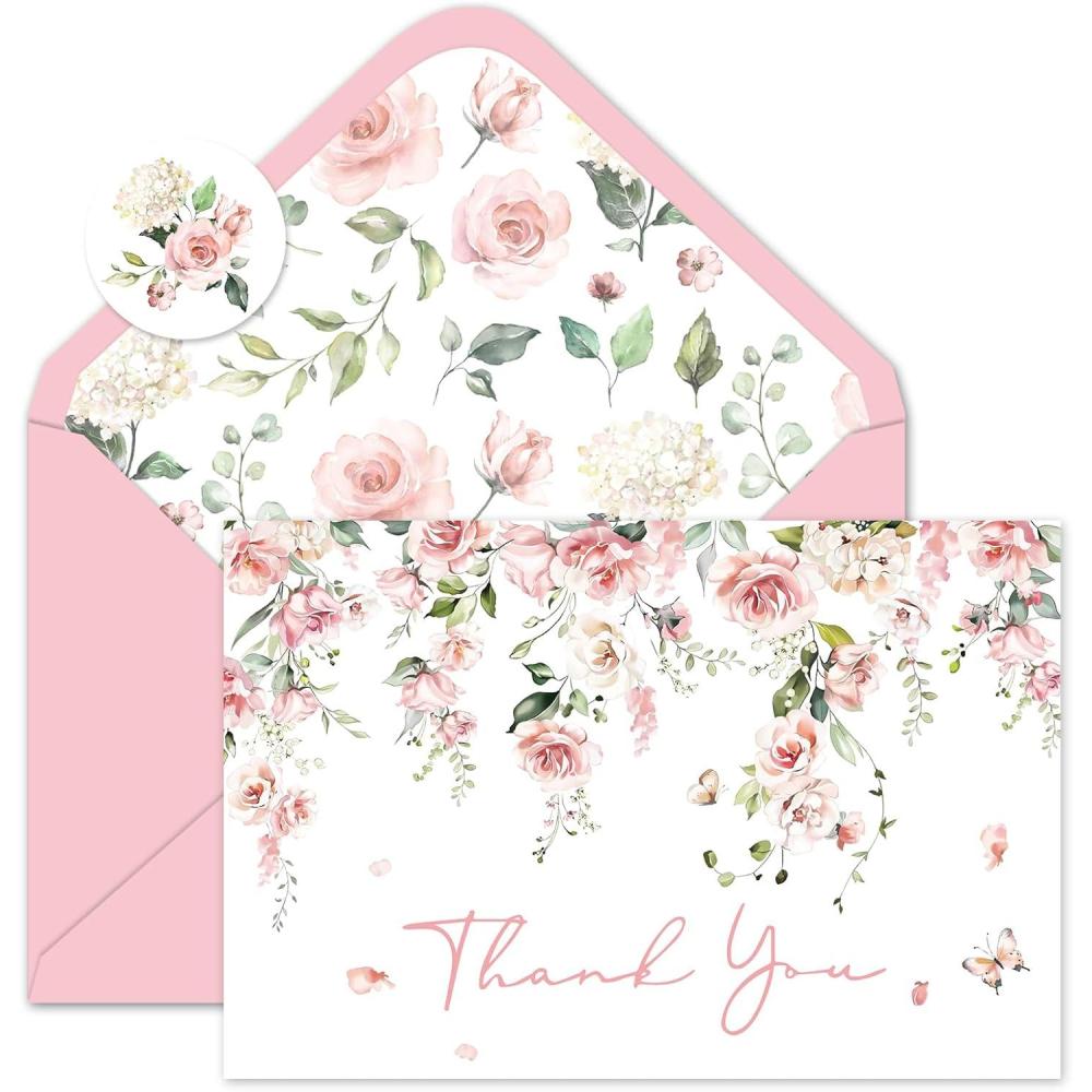imageWhaline 50 Pack Boho Floral Thank You Cards Boxed Retro Flower Note Cards with Envelopes Stickers Fall Blank Card for Thanksgiving Bridal Shower Baby Shower Wedding Supplies 4 x 6 InchPink Flower