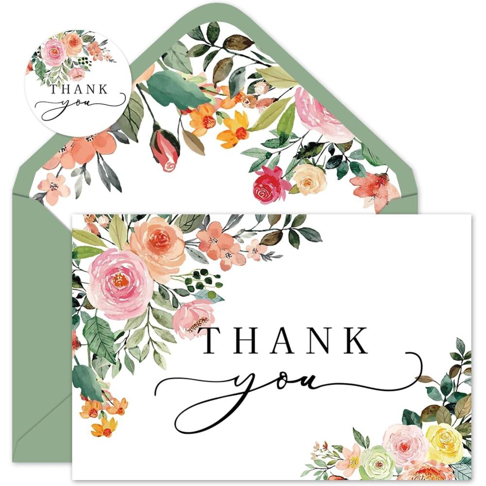 imageWhaline 50 Pack Boho Floral Thank You Cards Boxed Retro Flower Note Cards with Envelopes Stickers Fall Blank Card for Thanksgiving Bridal Shower Baby Shower Wedding Supplies 4 x 6 InchWatercolor Floral