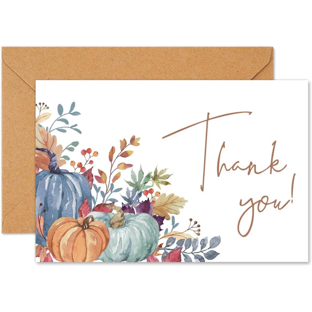 imageWhaline 50 Pack Fall Thank You Cards Bulk Boxed Watercolor Autumn Leaves Pumpkin Thank You Note Cards with Kraft Envelopes Sticker Thanksgiving Blank Greeting Card for Wedding Baby ShowerVintage Pumpkin