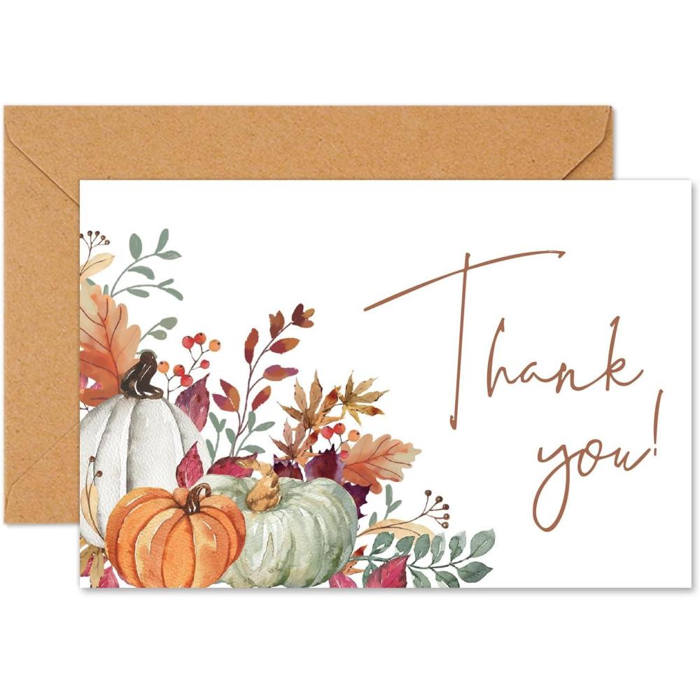 imageWhaline 50 Pack Fall Thank You Cards Bulk Boxed Watercolor Autumn Leaves Pumpkin Thank You Note Cards with Kraft Envelopes Sticker Thanksgiving Blank Greeting Card for Wedding Baby ShowerAutumn Leaves Pumpkin