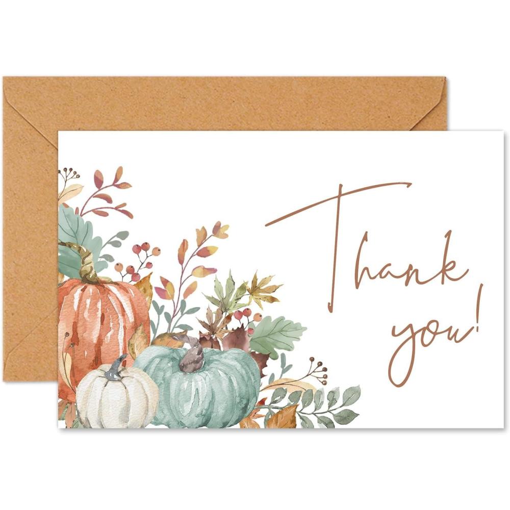 imageWhaline 50 Pack Fall Thank You Cards Bulk Boxed Watercolor Autumn Leaves Pumpkin Thank You Note Cards with Kraft Envelopes Sticker Thanksgiving Blank Greeting Card for Wedding Baby ShowerPumpkin