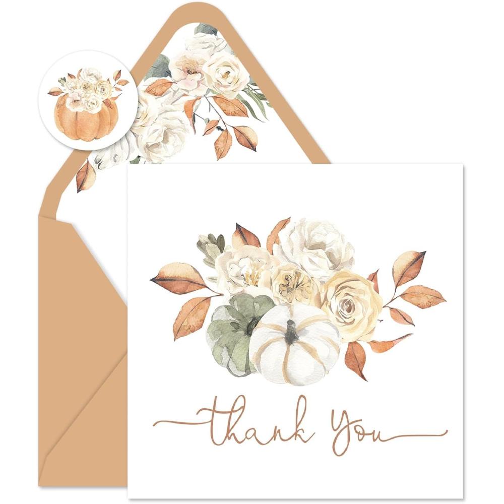 imageWhaline 50 Pack Fall Thank You Cards Bulk Watercolor Autumn Floral Pumpkin Note Cards with Envelopes Stickers Retro Blank Card for Thanksgiving Harvest Wedding Baby Bridal Shower5 x 5 inch