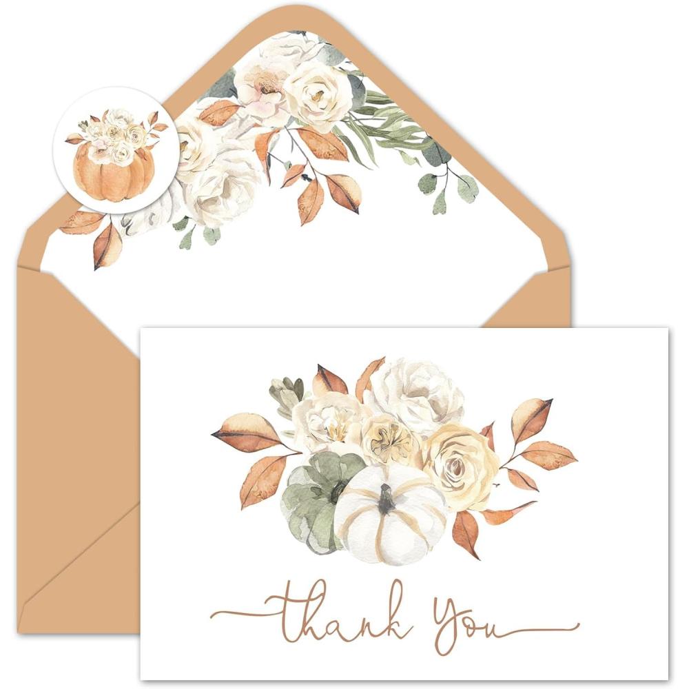 imageWhaline 50 Pack Fall Thank You Cards Bulk Watercolor Autumn Floral Pumpkin Note Cards with Envelopes Stickers Retro Blank Card for Thanksgiving Harvest Wedding Baby Bridal Shower4 x 6 inch