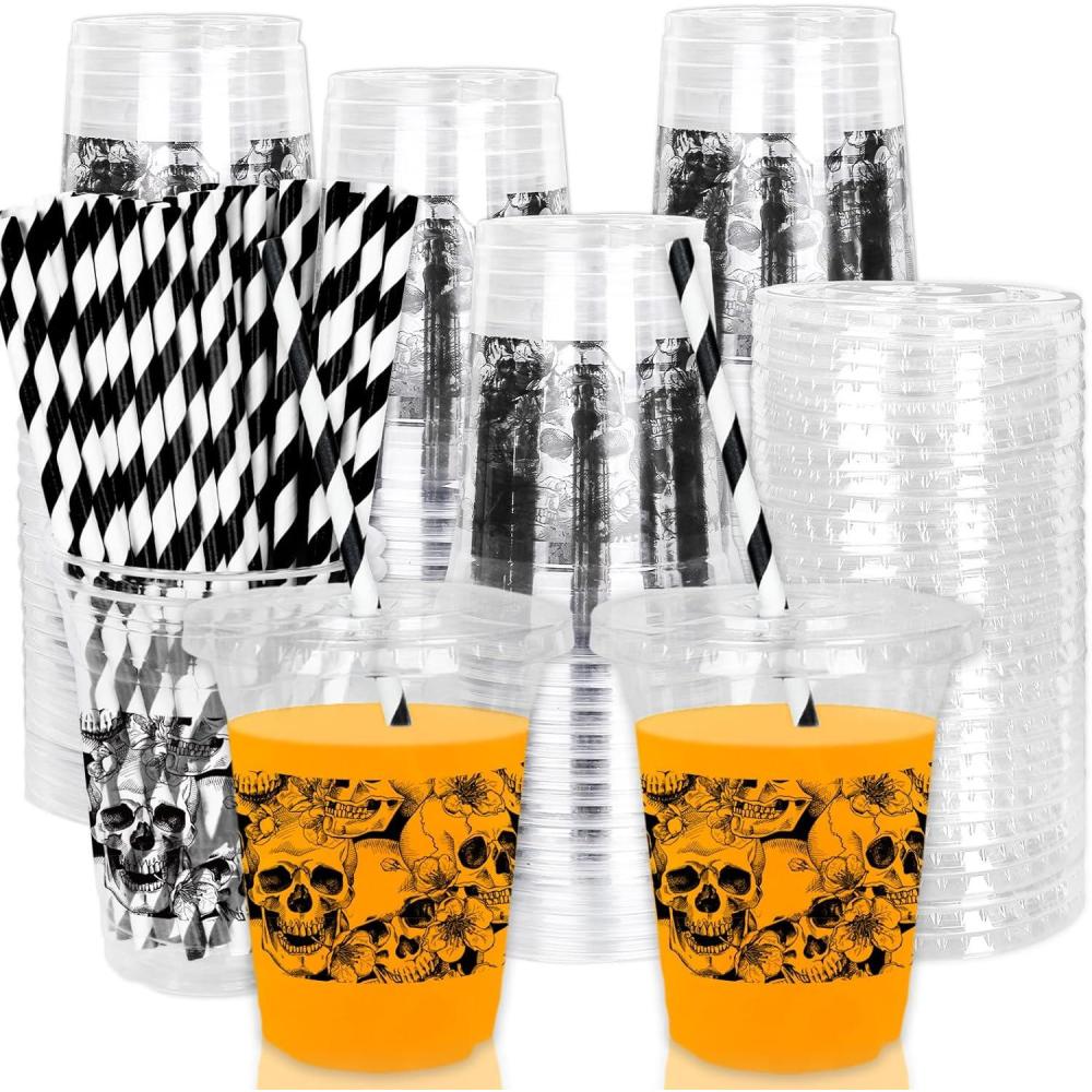 imageWhaline 50Pcs 12Oz Halloween Disposable Plastic Cups with Lids and Straws Black Gothic Sketch Skull Floral Cold Beverage Drinking Cups for Trick or Treat Party SuppliesSketch Skull