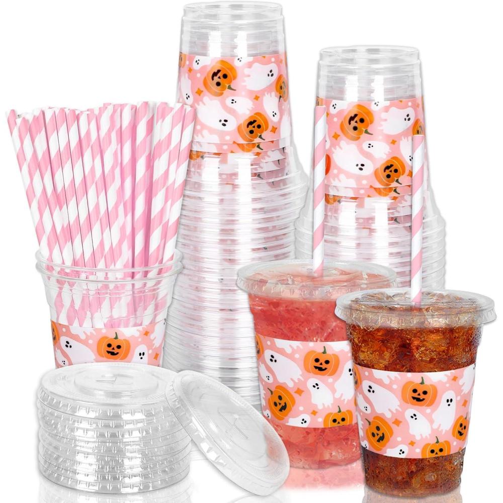 imageWhaline 50Pcs 12Oz Halloween Disposable Plastic Cups with Lids and Straws Black Gothic Sketch Skull Floral Cold Beverage Drinking Cups for Trick or Treat Party SuppliesPink Halloween