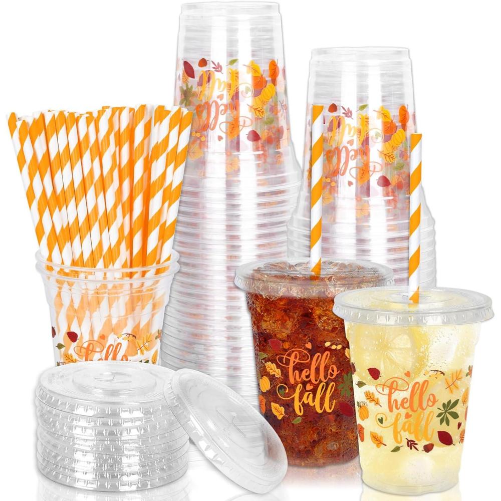 imageWhaline 50Pcs 12Oz Halloween Disposable Plastic Cups with Lids and Straws Black Gothic Sketch Skull Floral Cold Beverage Drinking Cups for Trick or Treat Party SuppliesHello Fall