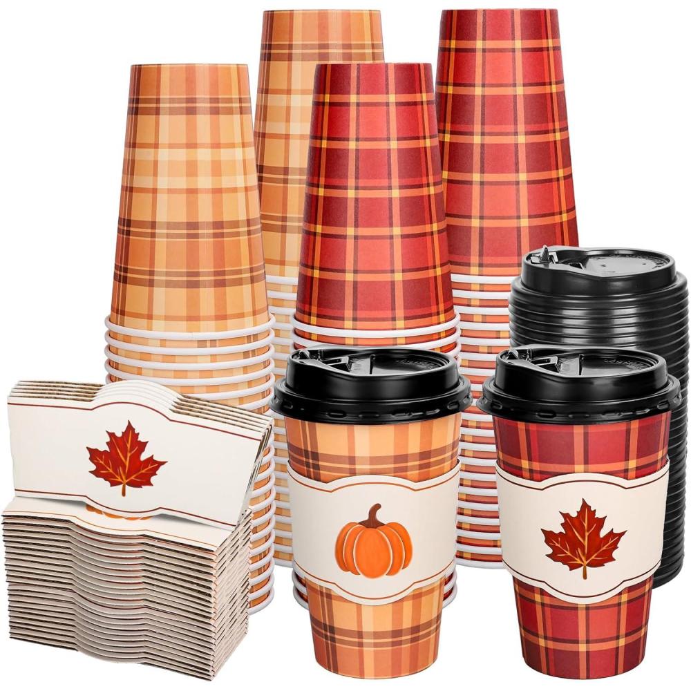 imageWhaline 50Pcs Fall Thanksgiving Disposable Coffee Cups with Lids and Sleeves Maple Pumpkin Paper Drinking Cups for Autumn Restaurant Travel Business Supplies 2 StylesFall Buffalo Plaid