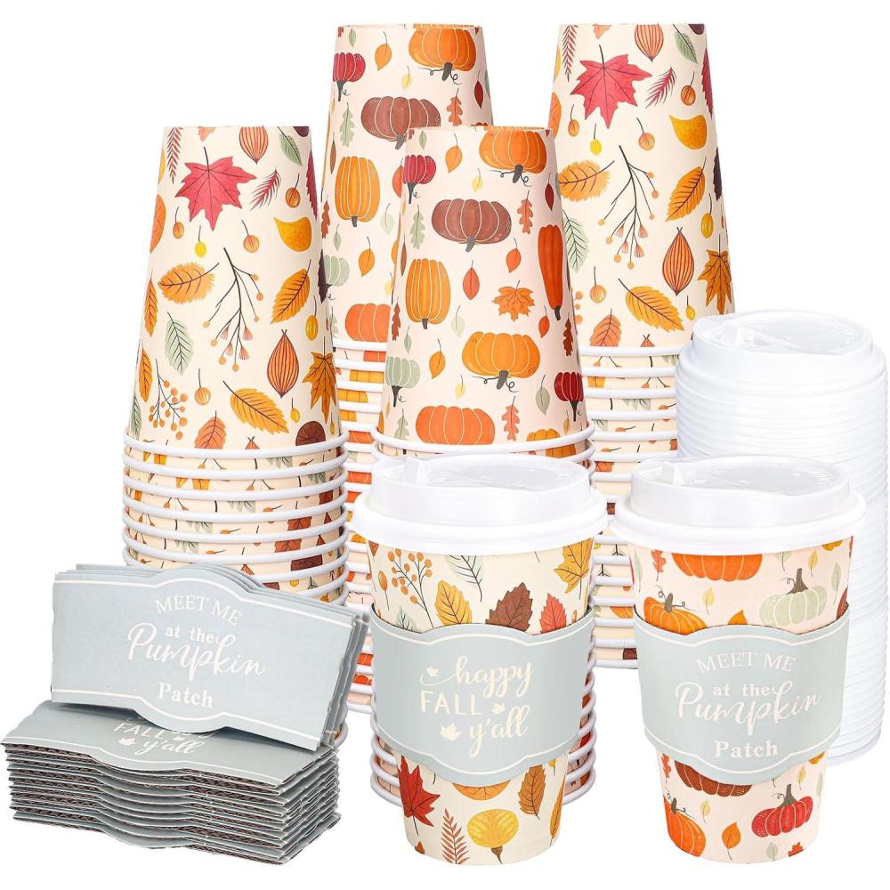 imageWhaline 50Pcs Fall Thanksgiving Disposable Coffee Cups with Lids and Sleeves Maple Pumpkin Paper Drinking Cups for Autumn Restaurant Travel Business Supplies 2 StylesFall Thanksgiving
