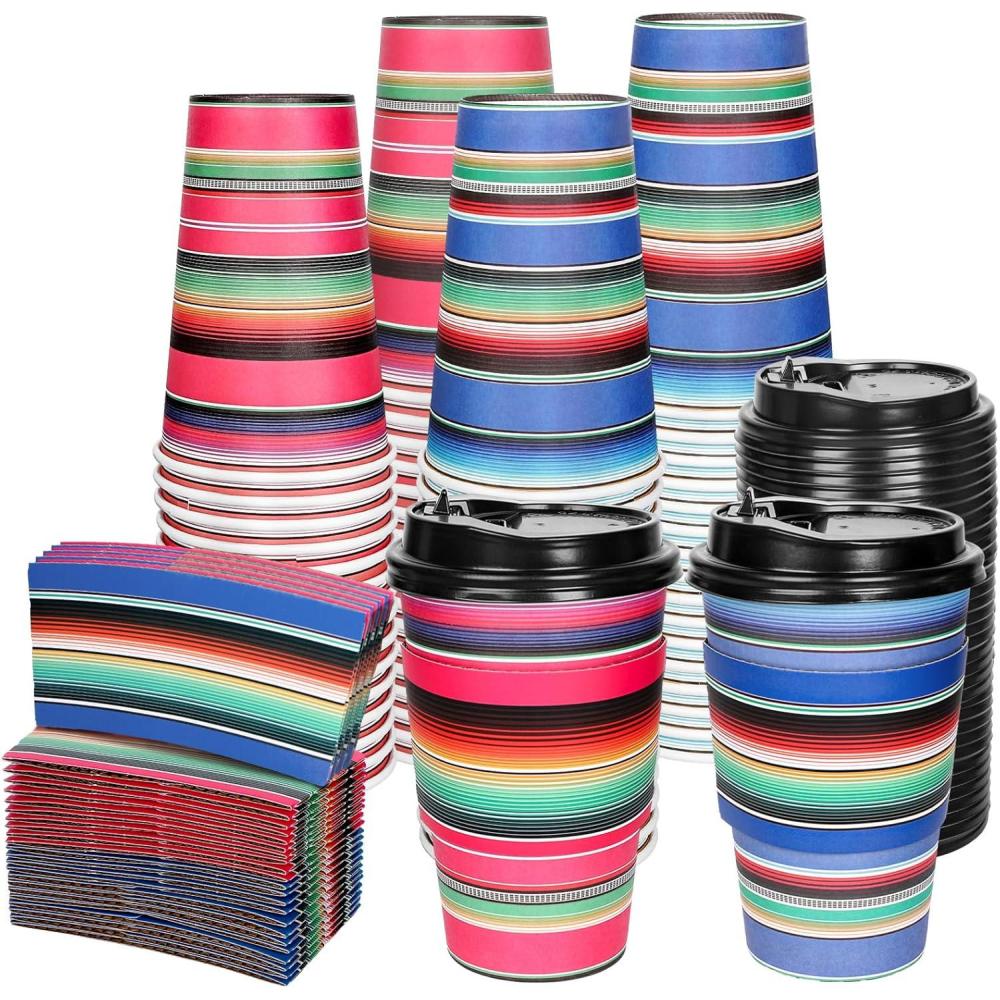imageWhaline 50Pcs Fall Thanksgiving Disposable Coffee Cups with Lids and Sleeves Maple Pumpkin Paper Drinking Cups for Autumn Restaurant Travel Business Supplies 2 StylesMexican Serape Fiesta