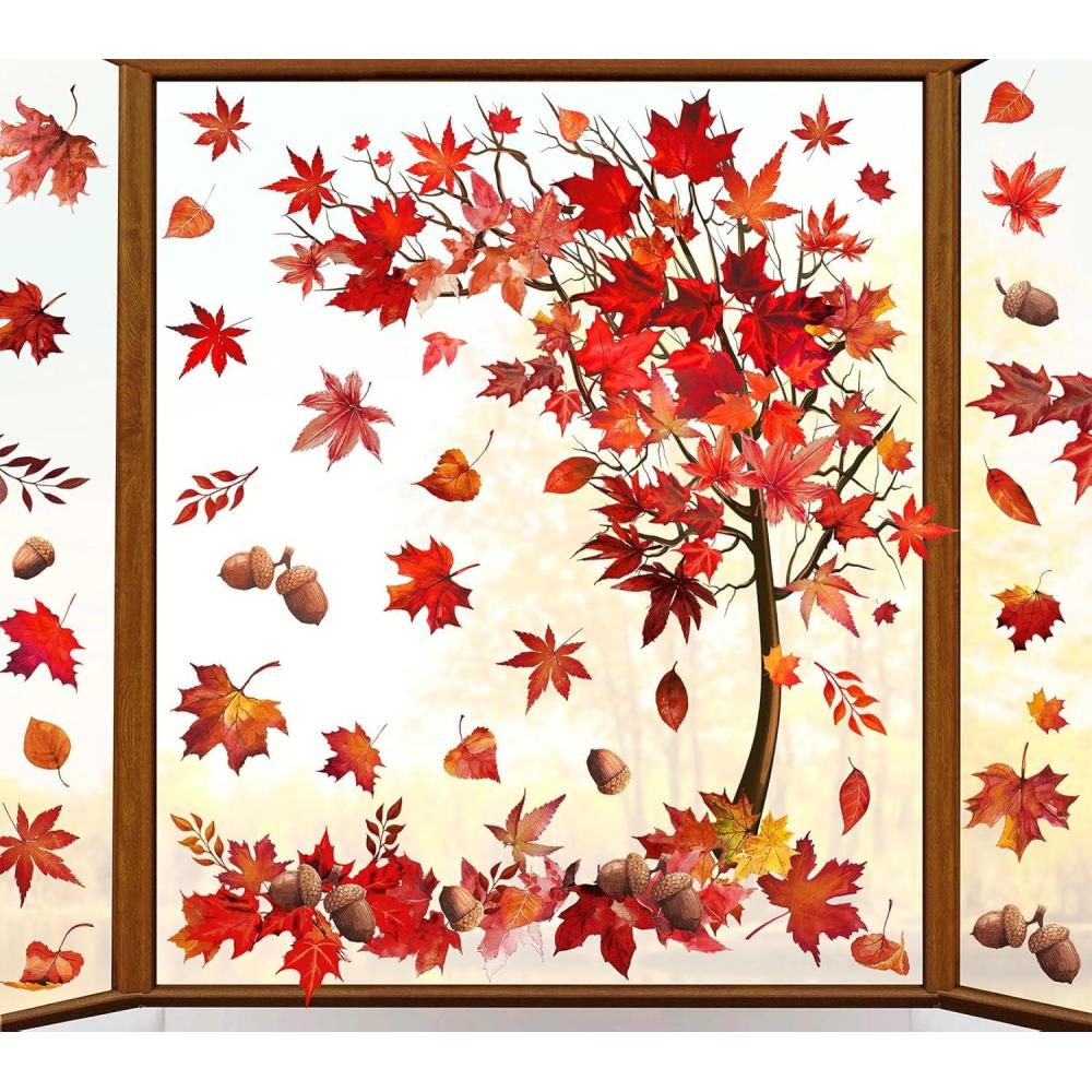 imageWhaline 6 Sheets Fall Maple Leaves Window Clings Thanksgiving Watercolor Maple Tree OrangeBrown Leaves Pumpkins Decals DoubleSided Glass Window Stickers for Autumn Harvest Home School Party SuppliesRed Maple