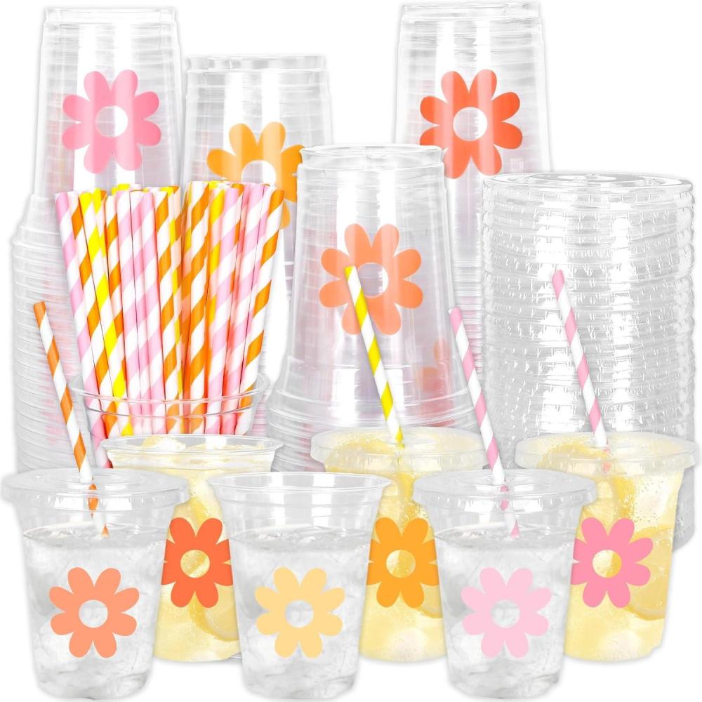 imageWhaline 60Pcs Halloween Disposable Plastic Cups with Lids and Straws 12oz JackOLantern Pumpkin Cold Beverage Drinking Cups Scary Printed Party Cup for Trick or Treat Party SuppliesBoho Daisy